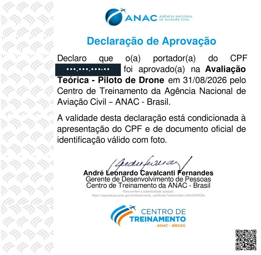 Certificado ANAC - Avaliação Teórica Piloto de Drone (CPF ocultado)